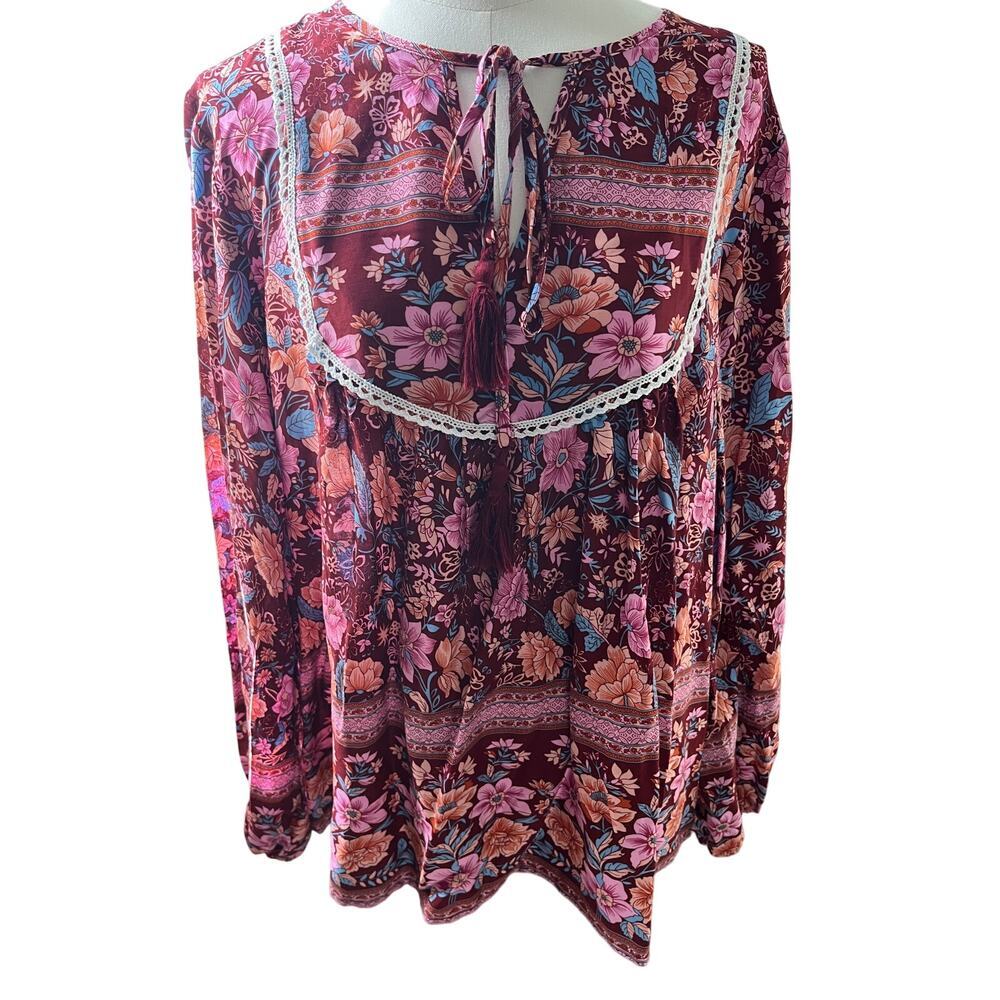 Pretty Garden Boho Cottagecore Blouse Large‎ Pink Floral Tie Neck Peasant Top